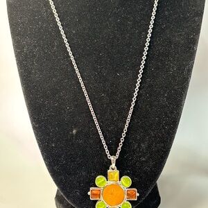 Silver Toned and Orange Cross Pendant Necklace